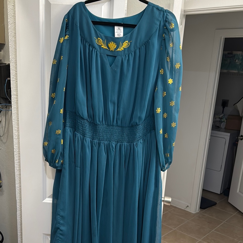 Elegant Teal Dress with Yellow Floral Embroidery